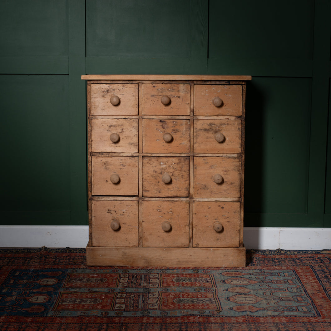 Antique Pine Bank of 12 Drawers